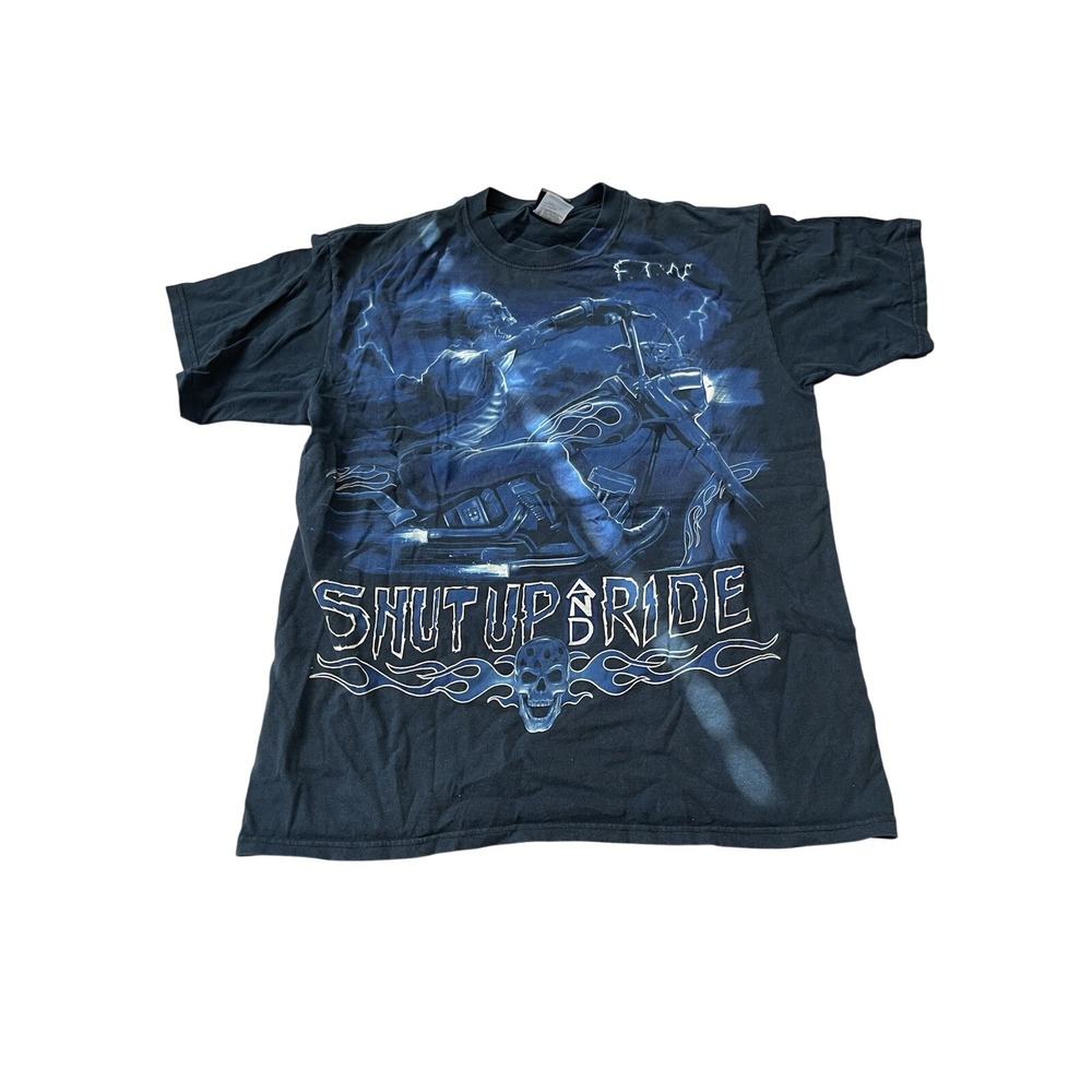 Liquid Blue Shut Up And Ride Biker Skeleton Graphic T-Shirt Mens Large‎ Black